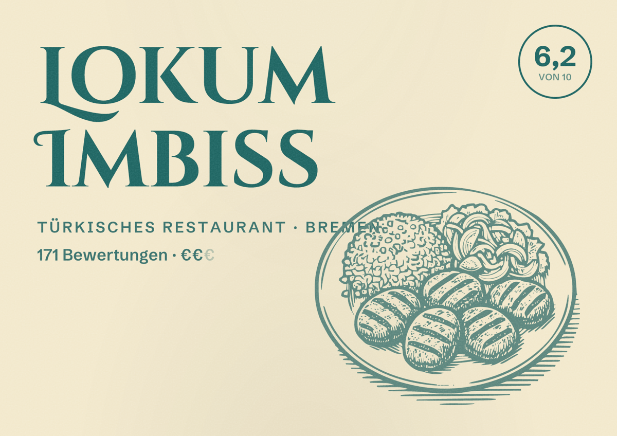 Illustriertes Poster von Lokum Imbiss, Türkisches Restaurant in Bremen: Bewertung 6,2 von 10 aus 171 Bewertungen, Preisniveau €€