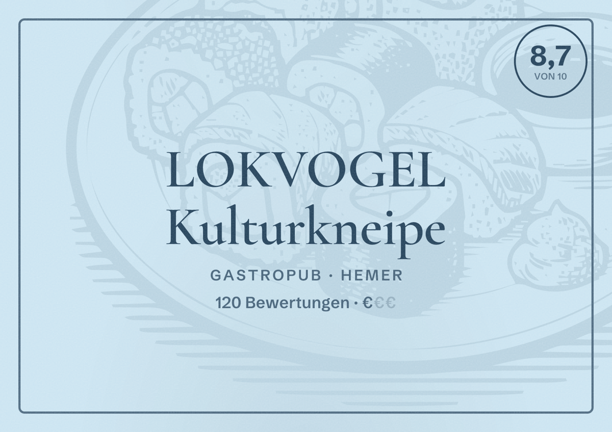 Illustriertes Poster von LOKVOGEL Kulturkneipe, Gastropub in Hemer: Bewertung 8,7 von 10 aus 120 Bewertungen, Preisniveau €
