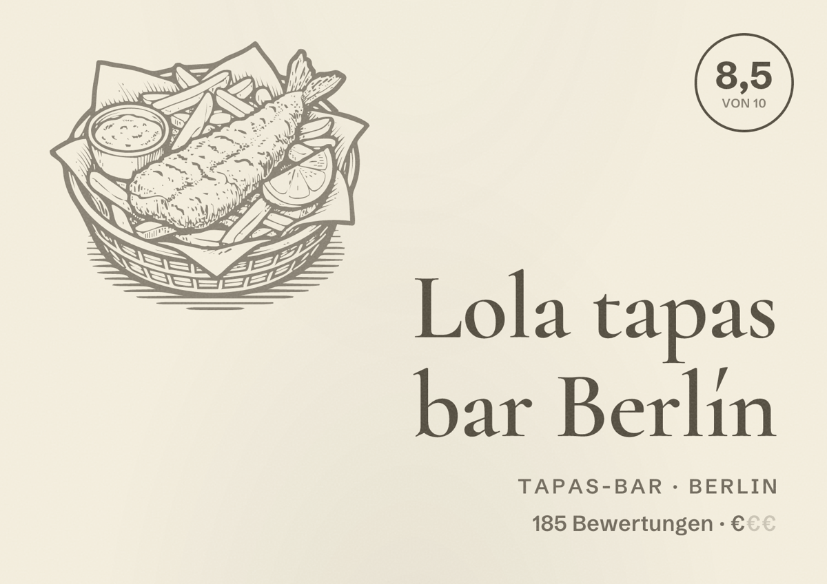 Illustriertes Poster von Lola tapas bar Berlín, Tapas-Bar in Berlin: Bewertung 8,5 von 10 aus 185 Bewertungen, Preisniveau €
