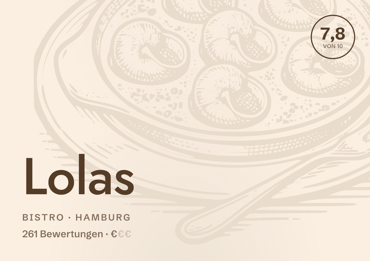 Illustriertes Poster von Lolas, Bistro in Hamburg: Bewertung 7,8 von 10 aus 261 Bewertungen, Preisniveau €