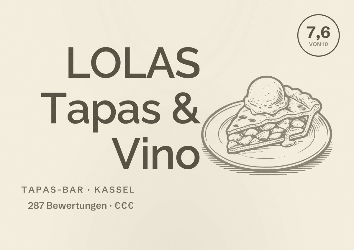 Illustriertes Poster von LOLAS Tapas & Vino, Tapas-Bar in Kassel: Bewertung 7,6 von 10 aus 287 Bewertungen, Preisniveau €€€