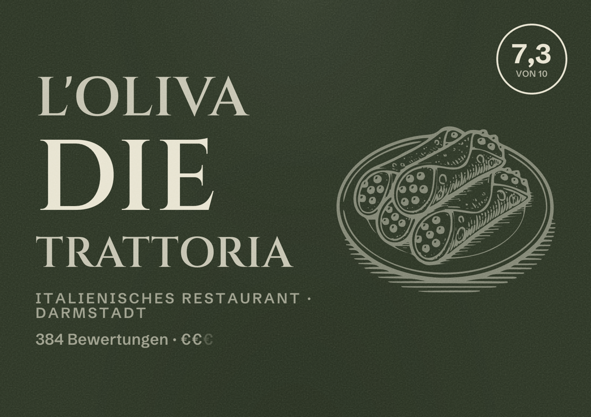Illustriertes Poster von L'Oliva die Trattoria, Italienisches Restaurant in Darmstadt: Bewertung 7,3 von 10 aus 384 Bewertungen, Preisniveau €€