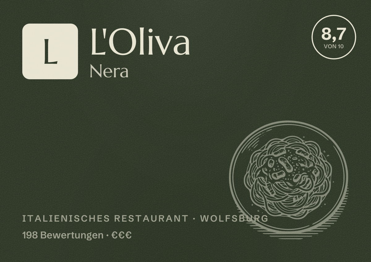 Illustriertes Poster von L'Oliva Nera, Italienisches Restaurant in Wolfsburg: Bewertung 8,7 von 10 aus 198 Bewertungen, Preisniveau €€€