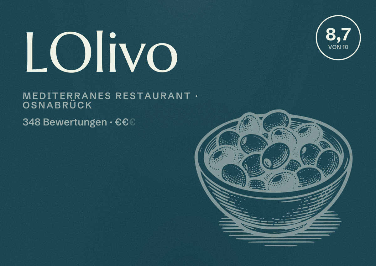 Illustriertes Poster von LOlivo, Mediterranes Restaurant in Osnabrück: Bewertung 8,7 von 10 aus 348 Bewertungen, Preisniveau €€