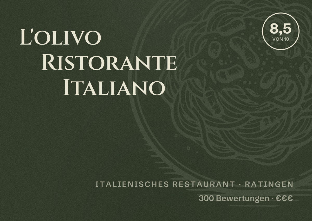 Illustriertes Poster von L'olivo Ristorante Italiano, Italienisches Restaurant in Ratingen: Bewertung 8,5 von 10 aus 300 Bewertungen, Preisniveau €€€