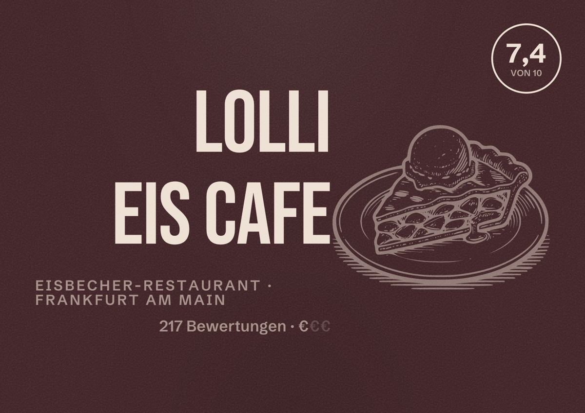 Illustriertes Poster von Lolli Eis Cafe, Eisbecher-Restaurant in Frankfurt am Main: Bewertung 7,4 von 10 aus 217 Bewertungen, Preisniveau €