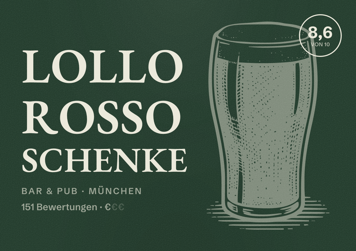 Illustriertes Poster von Lollo Rosso Schenke, Bar & Pub in München: Bewertung 8,6 von 10 aus 151 Bewertungen, Preisniveau €