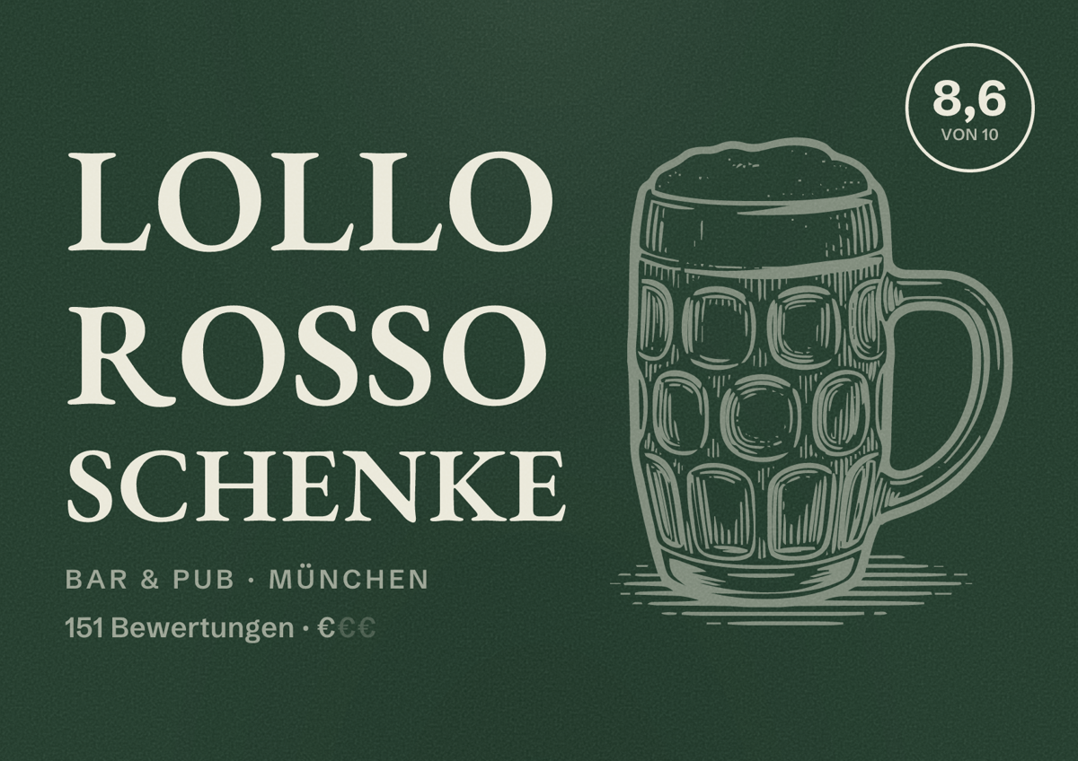 Illustriertes Poster von Lollo Rosso Schenke, Bar & Pub in München: Bewertung 8,6 von 10 aus 151 Bewertungen, Preisniveau €