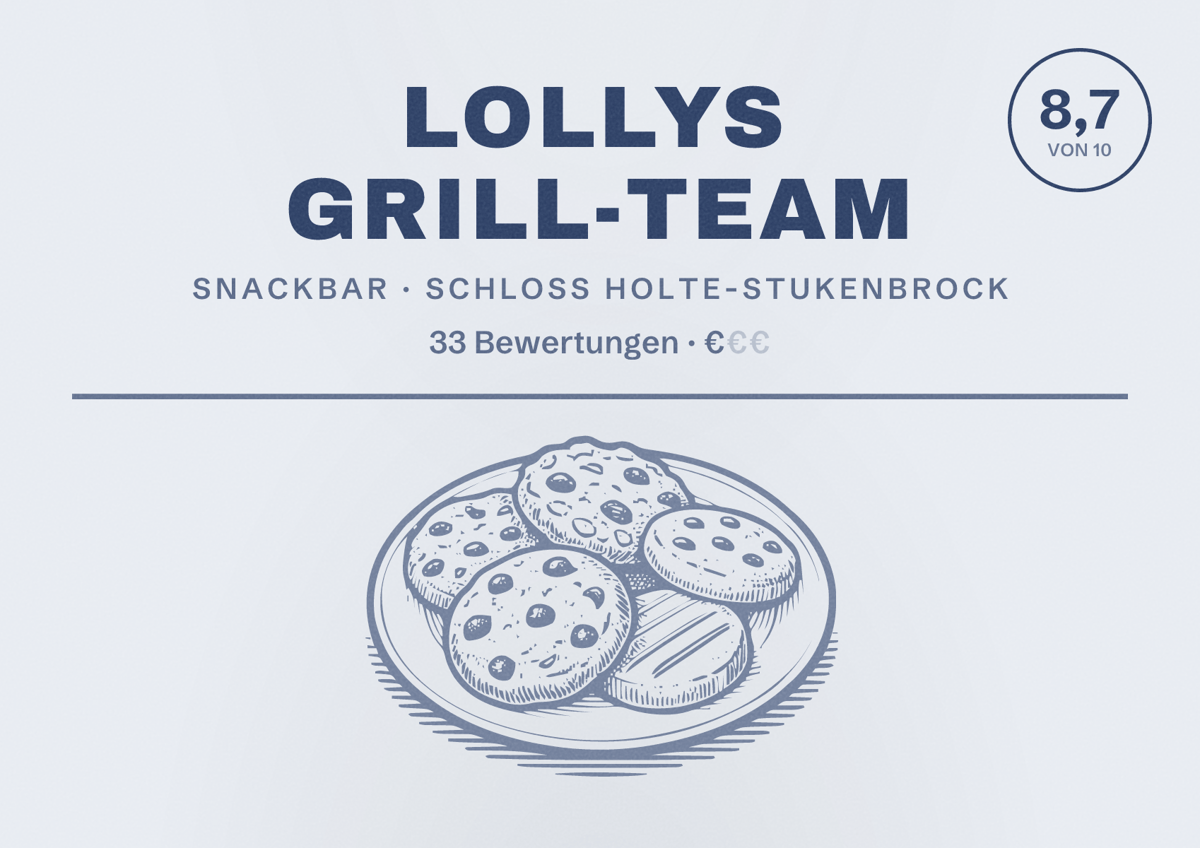 Illustriertes Poster von Lollys Grill-Team, Snackbar in Schloß Holte-Stukenbrock: Bewertung 8,7 von 10 aus 33 Bewertungen, Preisniveau €