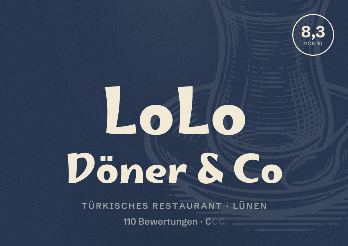 Illustriertes Poster von LoLo Döner & Co, Türkisches Restaurant in Lünen: Bewertung 8,3 von 10 aus 110 Bewertungen, Preisniveau €