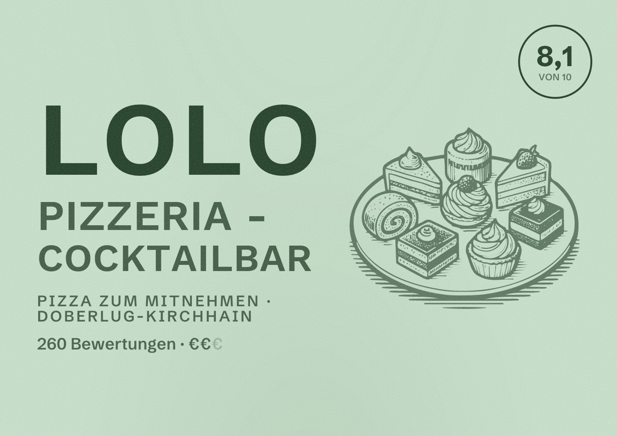Illustriertes Poster von LoLo Pizzeria - Cocktailbar, Pizza zum Mitnehmen in Doberlug-Kirchhain: Bewertung 8,1 von 10 aus 260 Bewertungen, Preisniveau €€