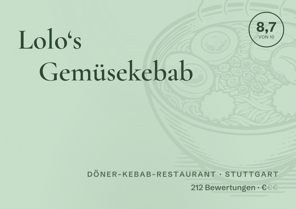 Illustriertes Poster von Lolo‘s Gemüsekebab, Döner-Kebab-Restaurant in Stuttgart: Bewertung 8,7 von 10 aus 212 Bewertungen, Preisniveau €