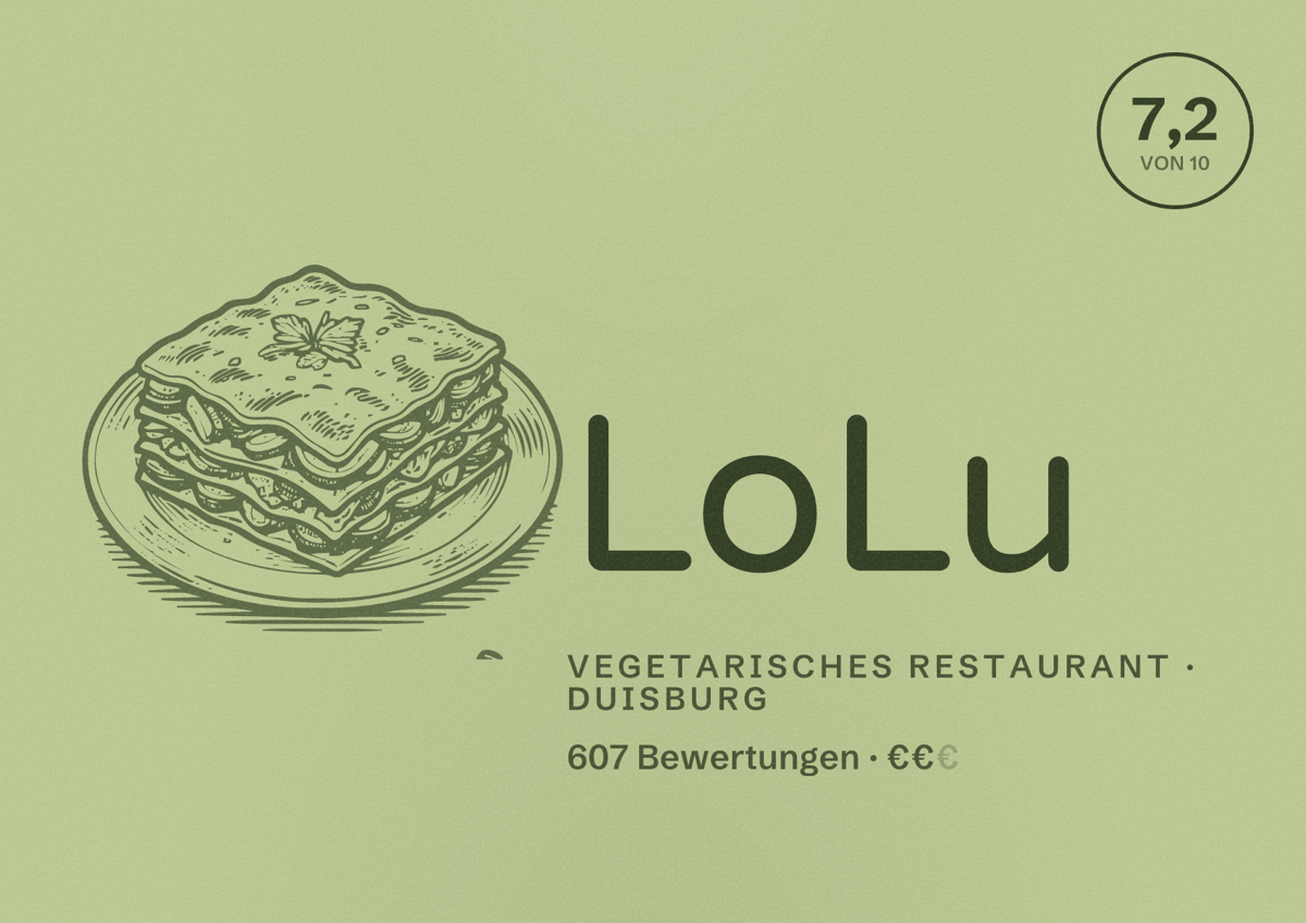 Illustriertes Poster von LoLu, Vegetarisches Restaurant in Duisburg: Bewertung 7,2 von 10 aus 607 Bewertungen, Preisniveau €€