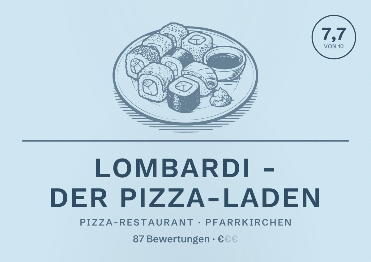 Illustriertes Poster von LOMBARDI - Der Pizza-Laden, Pizza-Restaurant in Pfarrkirchen: Bewertung 7,7 von 10 aus 87 Bewertungen, Preisniveau €