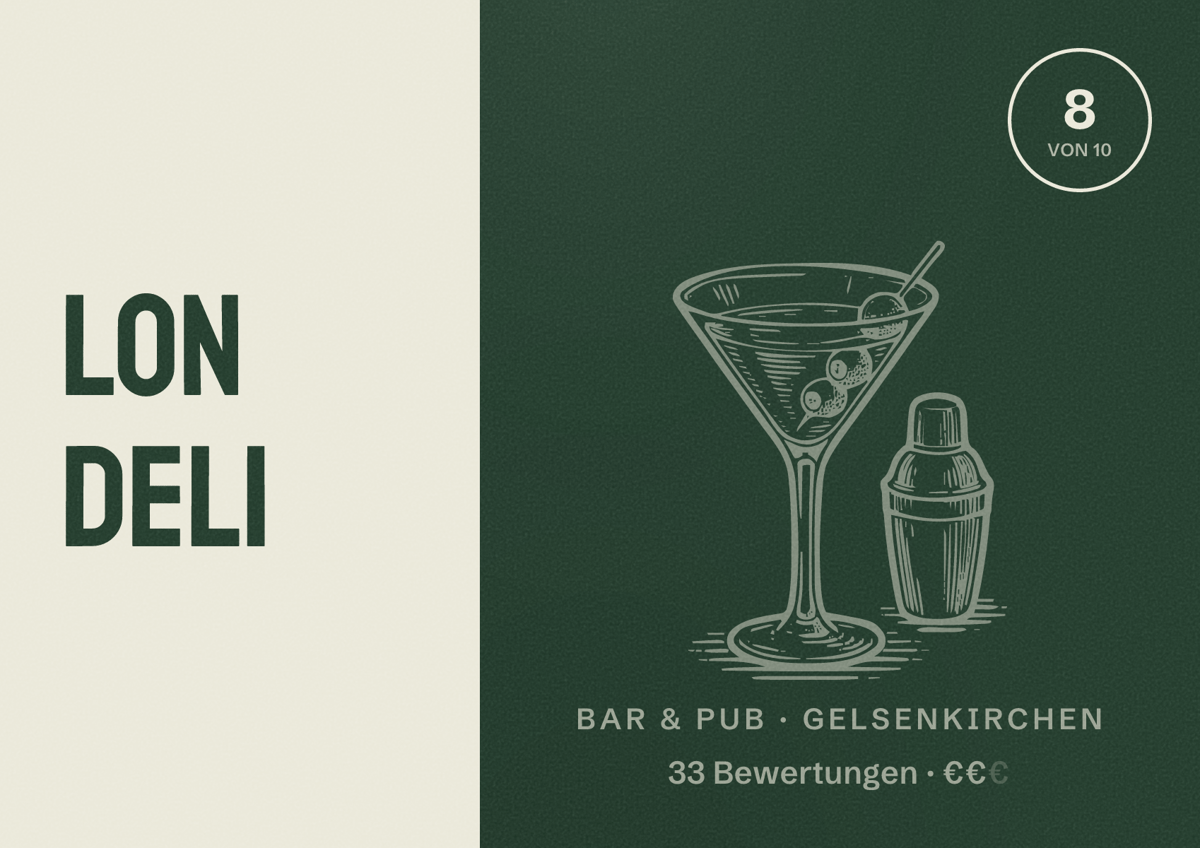 Illustriertes Poster von LON Deli, Bar & Pub in Gelsenkirchen: Bewertung 8 von 10 aus 33 Bewertungen, Preisniveau €€