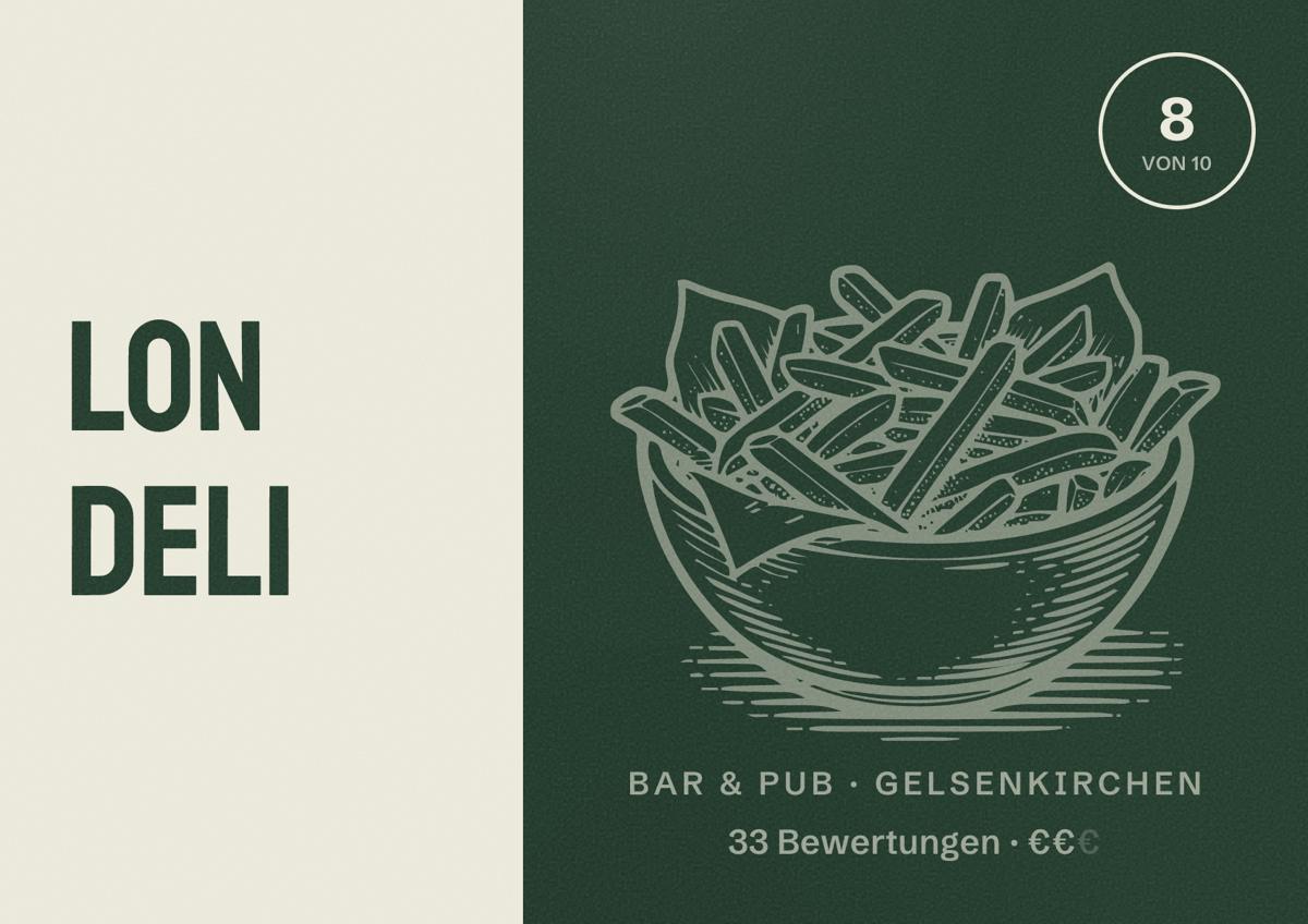 Illustriertes Poster von LON Deli, Bar & Pub in Gelsenkirchen: Gästebewertung 8 von 10 aus 33 Bewertungen