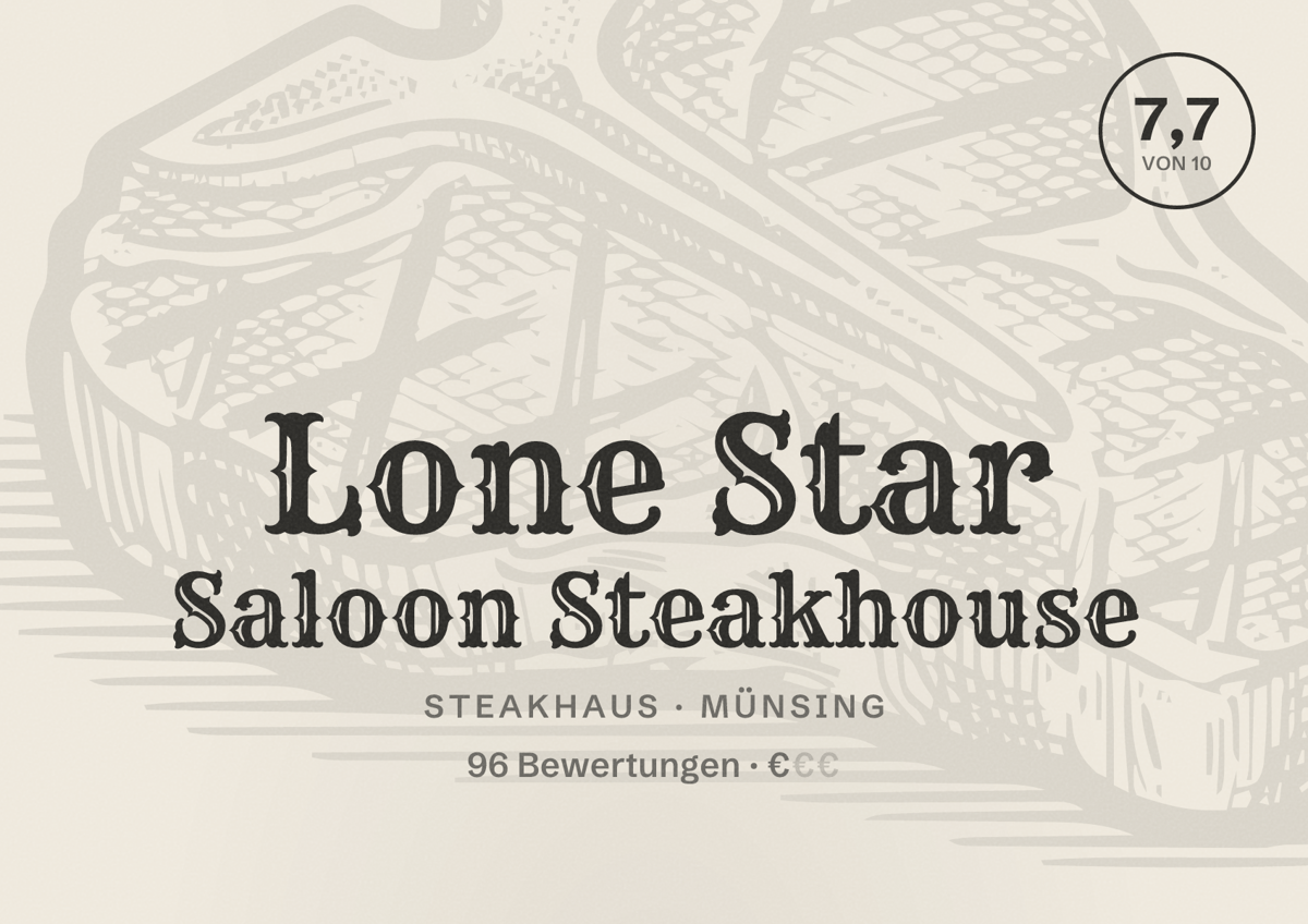 Illustriertes Poster von Lone Star Saloon Steakhouse, Steakhaus in Münsing: Bewertung 7,7 von 10 aus 96 Bewertungen, Preisniveau €