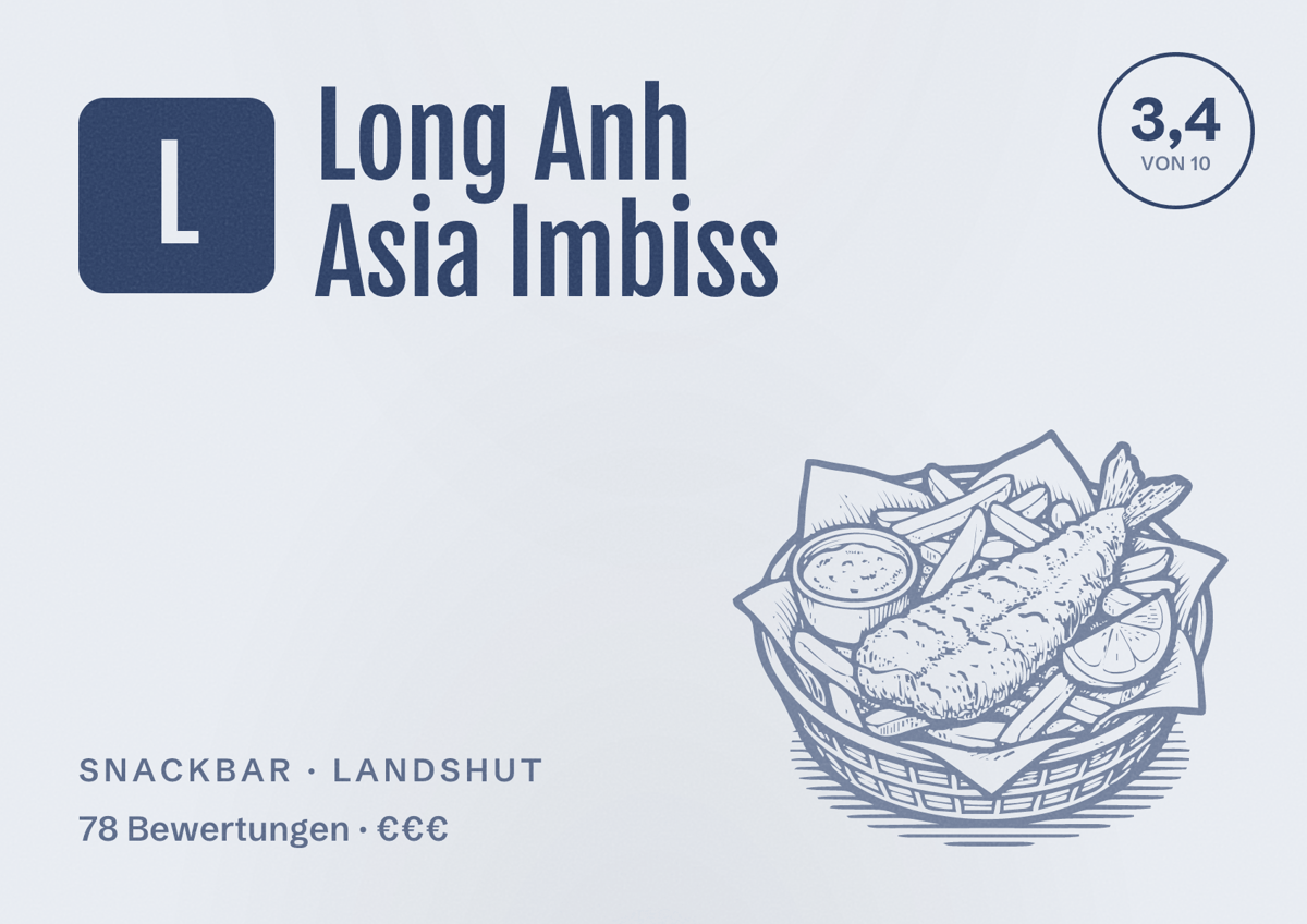 Illustriertes Poster von Long Anh Asia Imbiss, Snackbar in Landshut: Bewertung 3,4 von 10 aus 78 Bewertungen, Preisniveau €€€