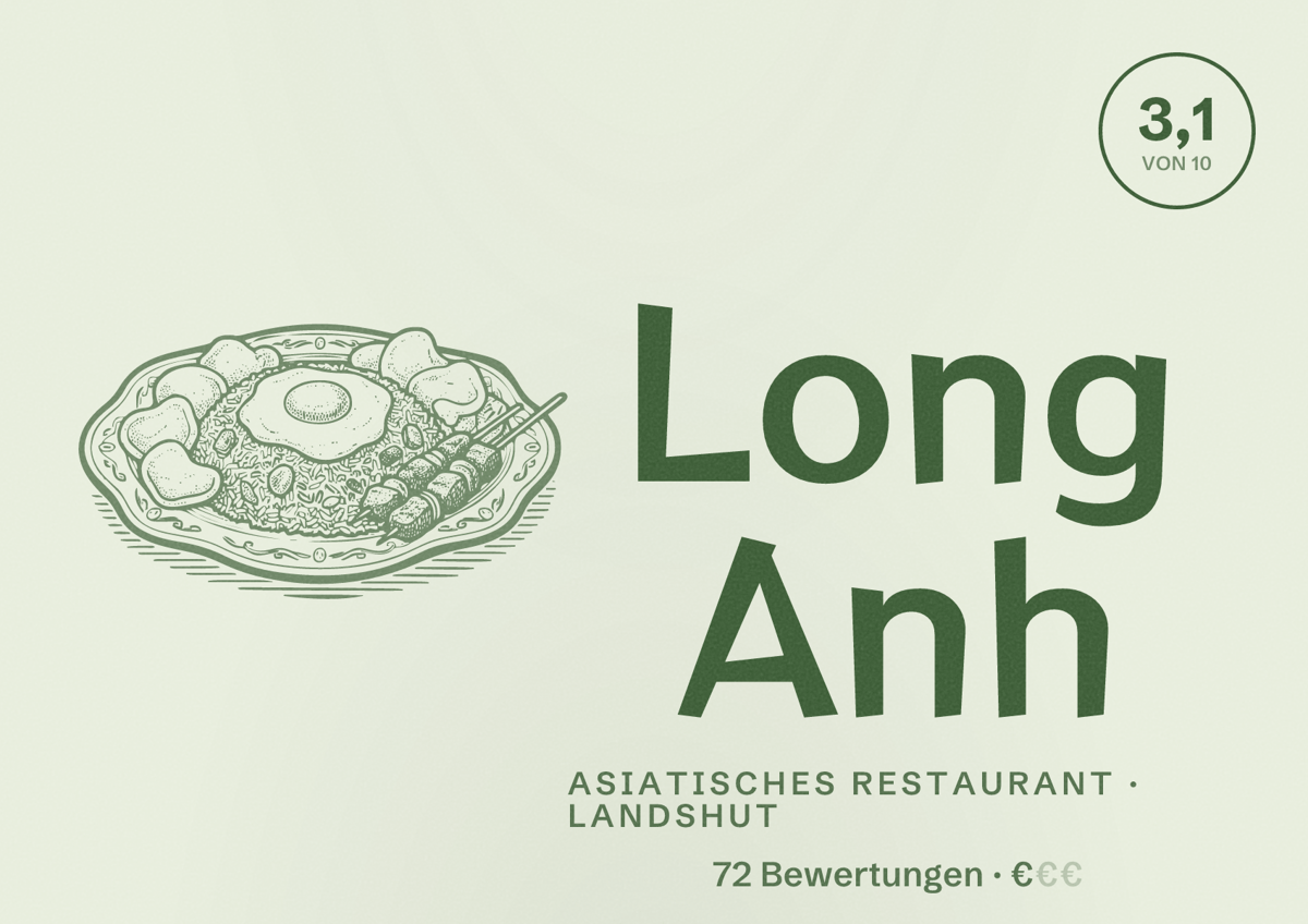 Illustriertes Poster von Long Anh, Asiatisches Restaurant in Landshut: Bewertung 3,1 von 10 aus 72 Bewertungen, Preisniveau €