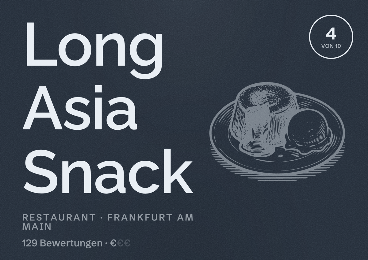 Illustriertes Poster von Long Asia Snack, Restaurant in Frankfurt am Main: Bewertung 4,0 von 10 aus 129 Bewertungen, Preisniveau €
