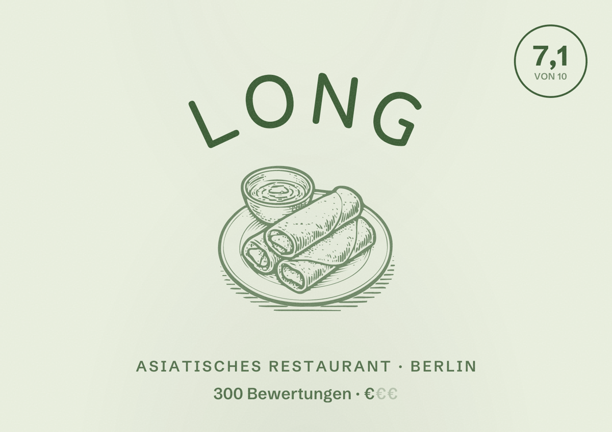 Illustriertes Poster von Long, Asiatisches Restaurant in Berlin: Bewertung 7,1 von 10 aus 300 Bewertungen, Preisniveau €