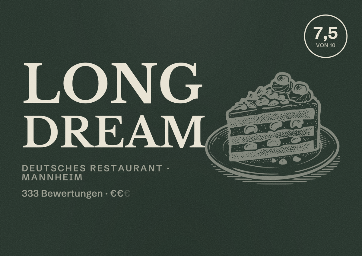 Illustriertes Poster von Long Dream, Deutsches Restaurant in Mannheim: Bewertung 7,5 von 10 aus 333 Bewertungen, Preisniveau €€