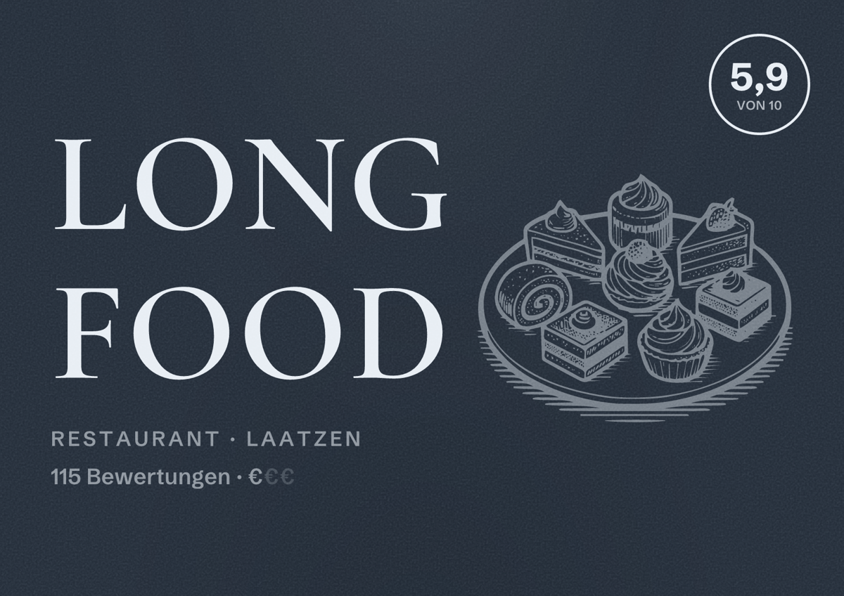 Illustriertes Poster von Long Food, Restaurant in Laatzen: Bewertung 5,9 von 10 aus 115 Bewertungen, Preisniveau €