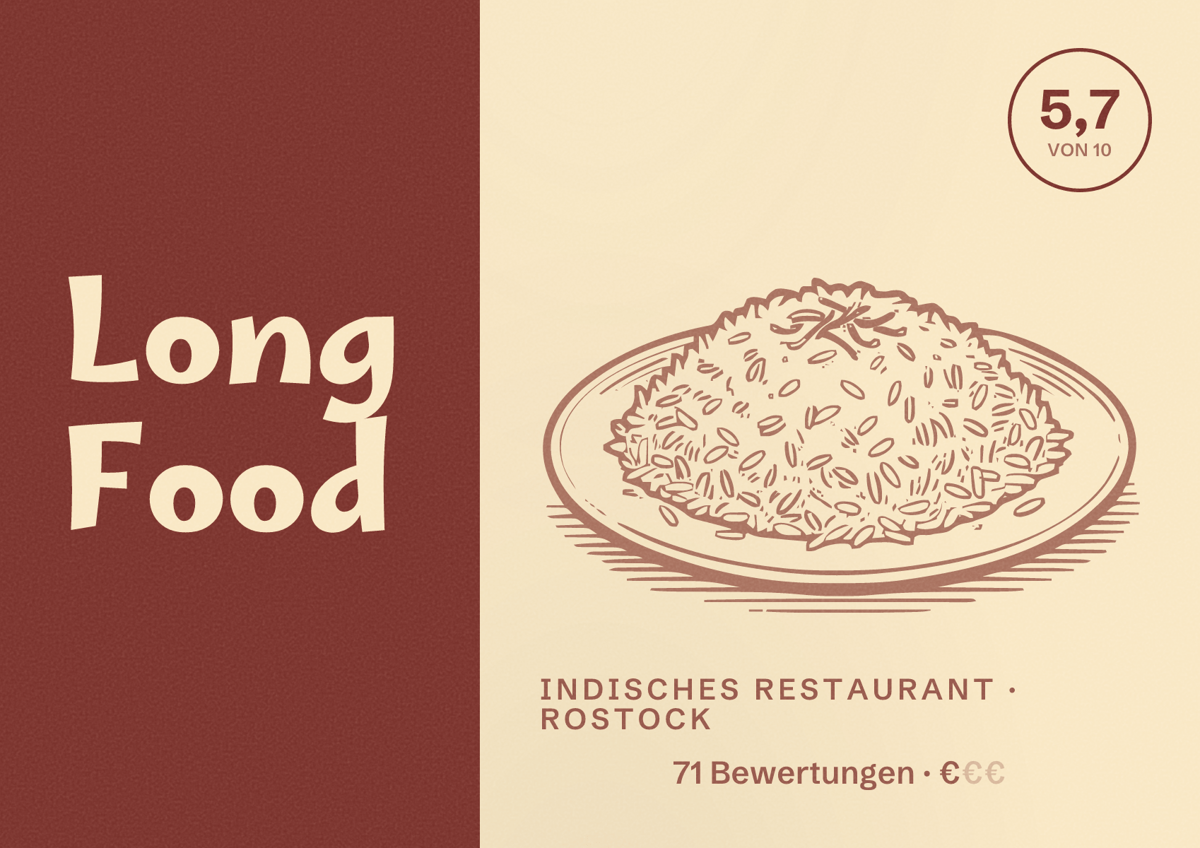 Illustriertes Poster von Long Food, Indisches Restaurant in Rostock: Bewertung 5,7 von 10 aus 71 Bewertungen, Preisniveau €