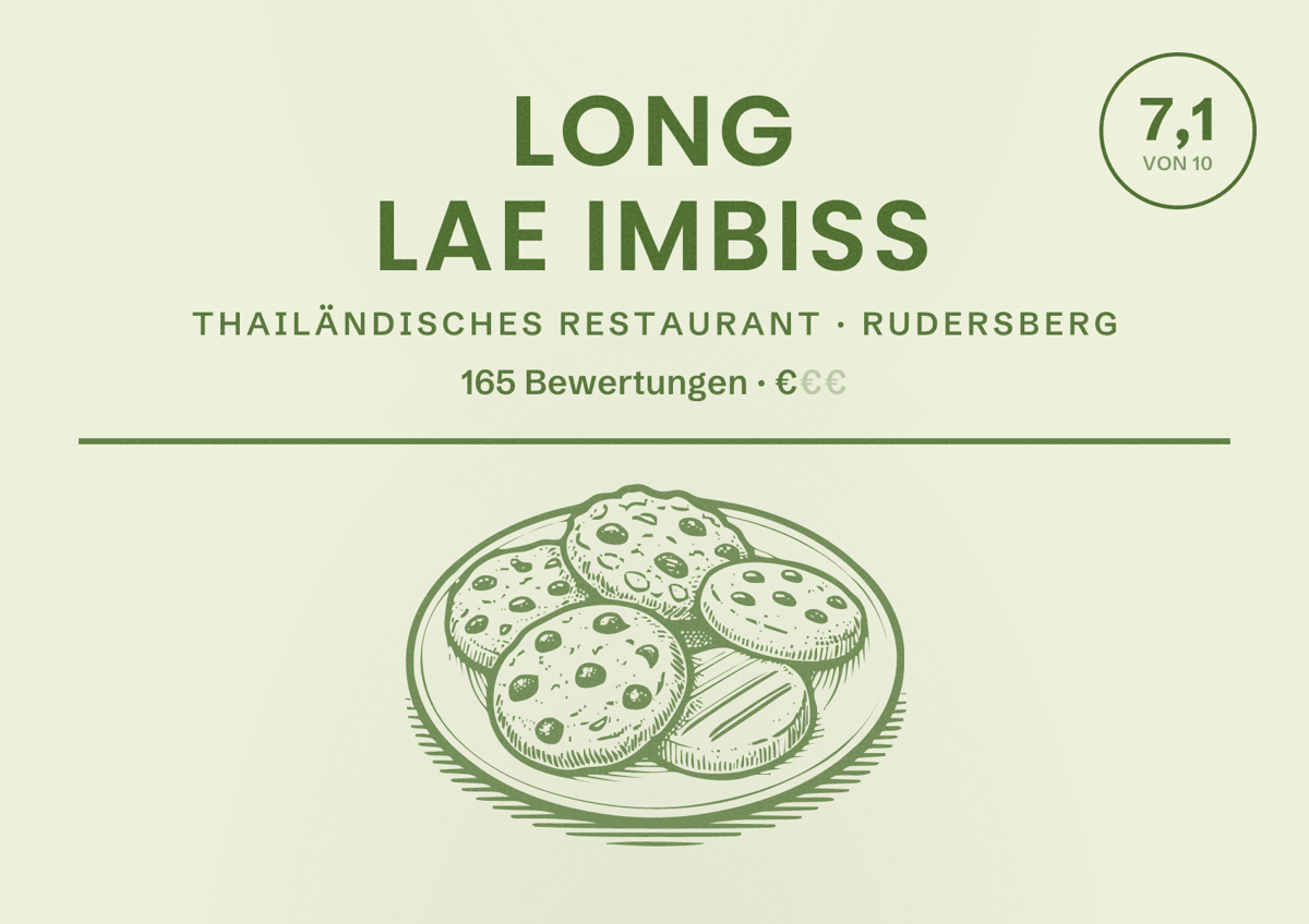 Illustriertes Poster von Long Lae Imbiss, Thailändisches Restaurant in Rudersberg: Bewertung 7,1 von 10 aus 165 Bewertungen, Preisniveau €