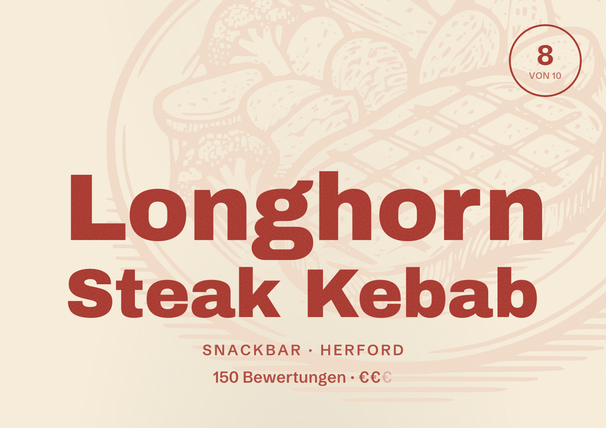 Illustriertes Poster von Longhorn Steak Kebab, Snackbar in Herford: Bewertung 8 von 10 aus 150 Bewertungen, Preisniveau €€