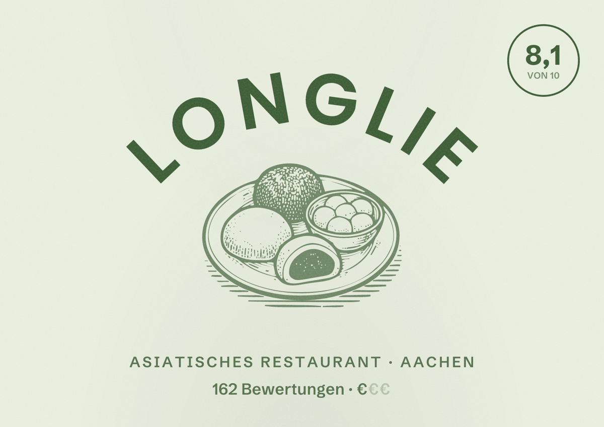 Illustriertes Poster von Longlie, Asiatisches Restaurant in Aachen: Bewertung 8,1 von 10 aus 162 Bewertungen, Preisniveau €