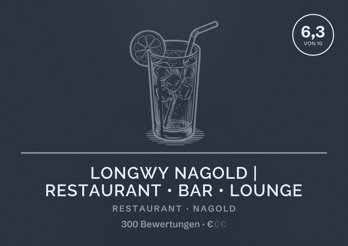 Illustriertes Poster von Longwy Nagold | Restaurant • Bar • Lounge, Restaurant in Nagold: Bewertung 6,3 von 10 aus 300 Bewertungen, Preisniveau €