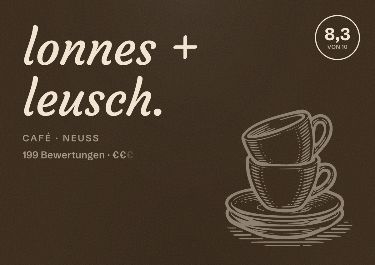 Illustriertes Poster von lonnes + leusch., Café in Neuss: Bewertung 8,3 von 10 aus 199 Bewertungen, Preisniveau €€
