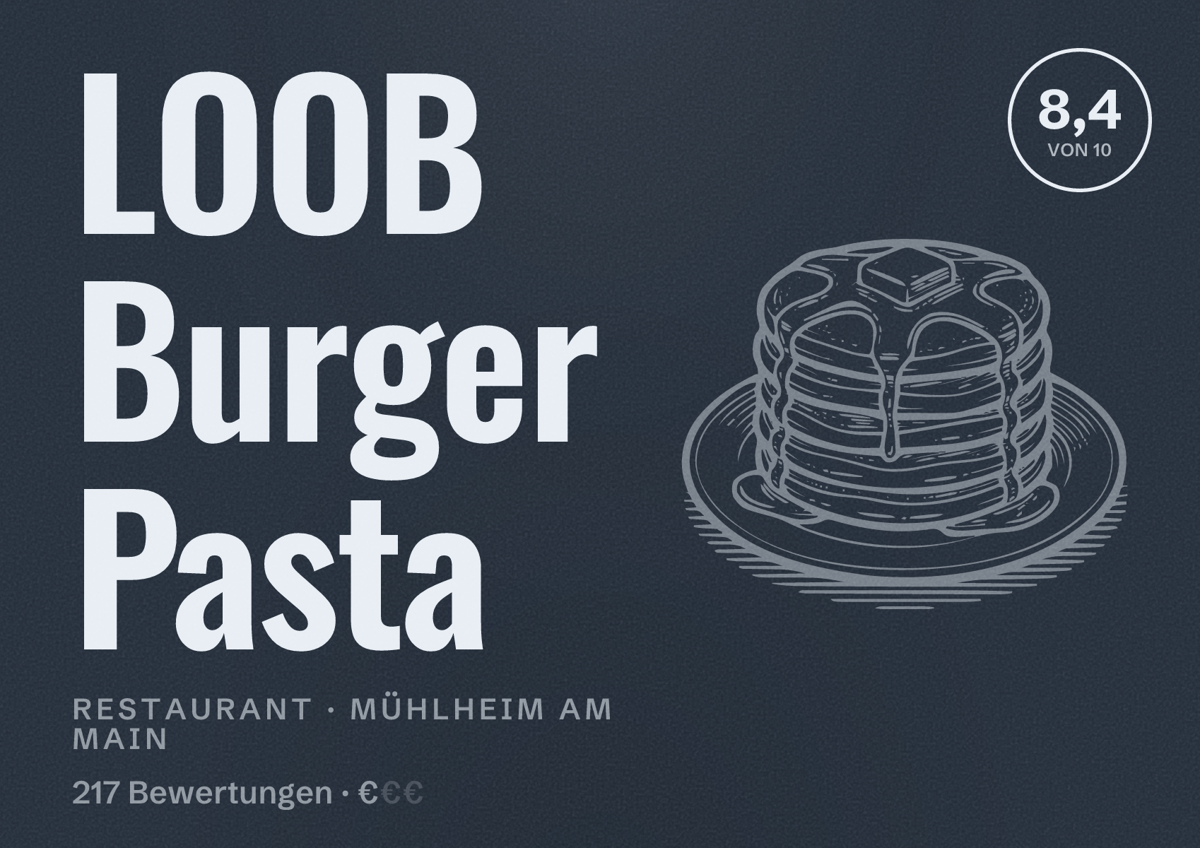 Illustriertes Poster von LOOB Burger Pasta, Restaurant in Mühlheim am Main: Bewertung 8,4 von 10 aus 217 Bewertungen, Preisniveau €