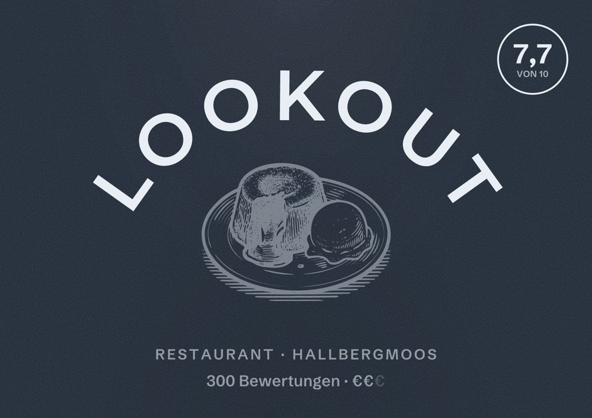 Illustriertes Poster von LOOKOUT, Restaurant in Hallbergmoos: Bewertung 7,7 von 10 aus 300 Bewertungen, Preisniveau €€