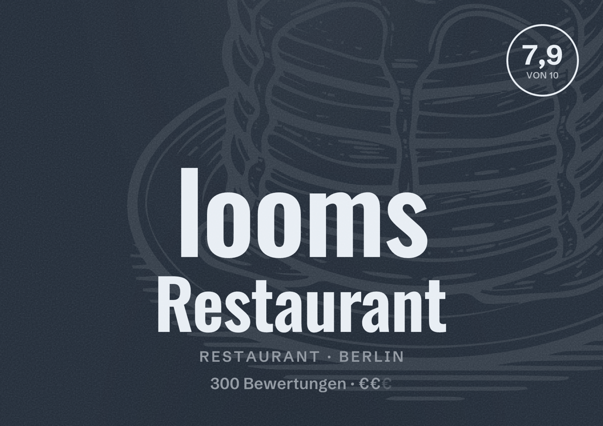 Illustriertes Poster von looms Restaurant, Restaurant in Berlin: Bewertung 7,9 von 10 aus 300 Bewertungen, Preisniveau €€