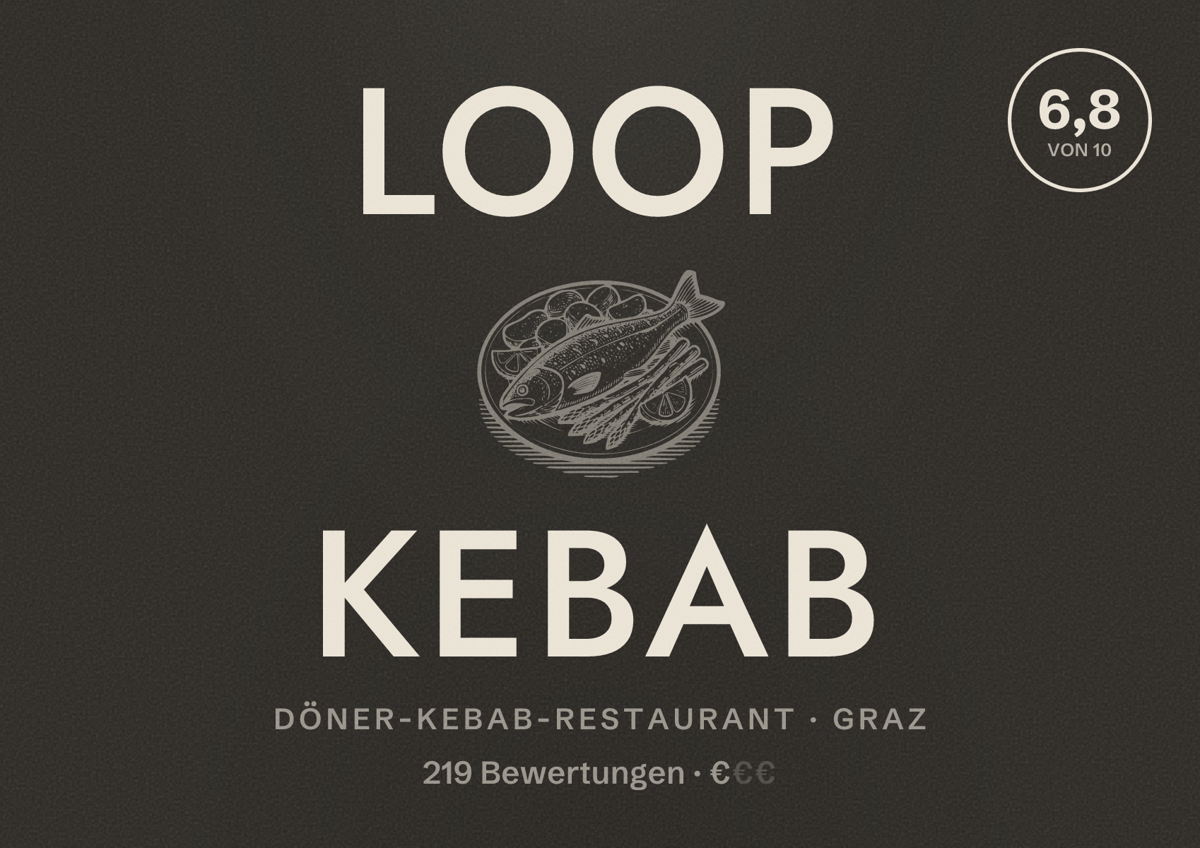 Illustriertes Poster von LOOP Kebab, Döner-Kebab-Restaurant in Graz: Bewertung 6,8 von 10 aus 219 Bewertungen, Preisniveau €