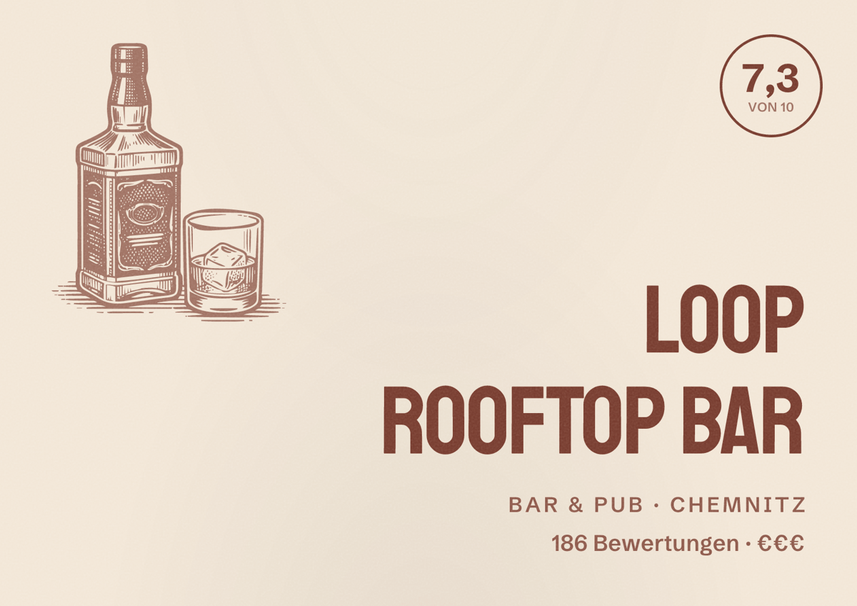 Illustriertes Poster von loop rooftop bar, Bar & Pub in Chemnitz: Bewertung 7,3 von 10 aus 186 Bewertungen, Preisniveau €€€