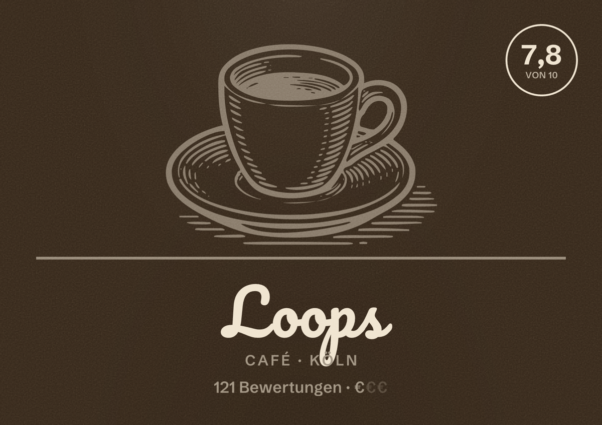 Illustriertes Poster von Loops, Café in Köln: Bewertung 7,8 von 10 aus 121 Bewertungen, Preisniveau €