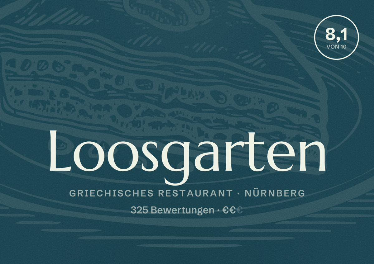 Illustriertes Poster von Loosgarten, Griechisches Restaurant in Nürnberg: Bewertung 8,1 von 10 aus 325 Bewertungen, Preisniveau €€