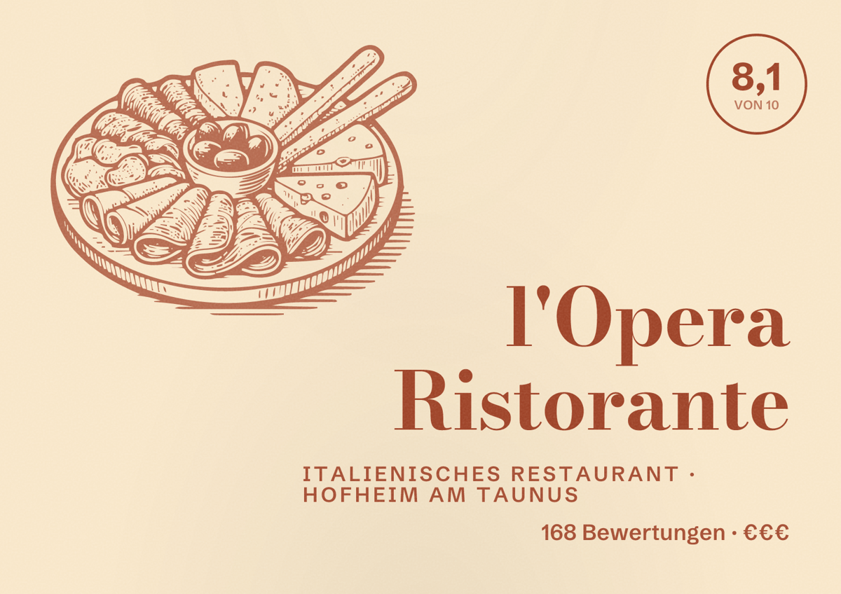 Illustriertes Poster von l'Opera Ristorante, Italienisches Restaurant in Hofheim am Taunus: Bewertung 8,1 von 10 aus 168 Bewertungen, Preisniveau €€€