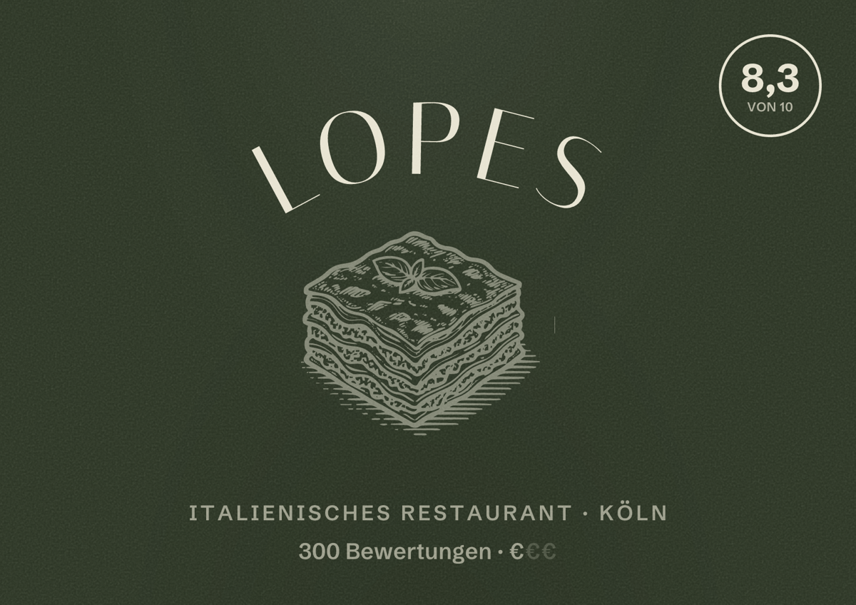 Illustriertes Poster von Lopes, Italienisches Restaurant in Köln: Bewertung 8,3 von 10 aus 300 Bewertungen, Preisniveau €