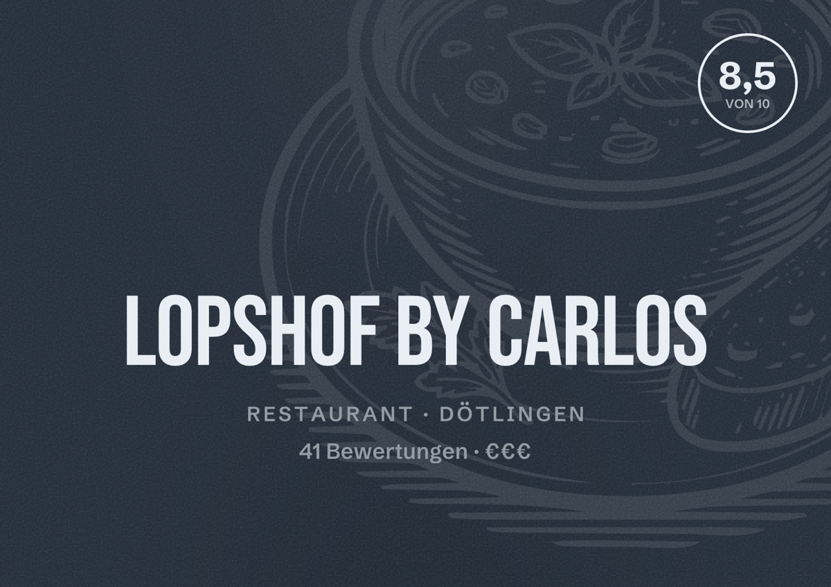 Illustriertes Poster von Lopshof by Carlos, Restaurant in Dötlingen: Bewertung 8,5 von 10 aus 41 Bewertungen, Preisniveau €€€