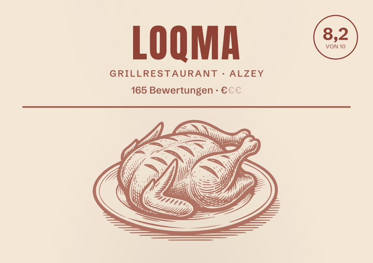 Illustriertes Poster von LOQMA, Grillrestaurant in Alzey: Bewertung 8,2 von 10 aus 165 Bewertungen, Preisniveau €