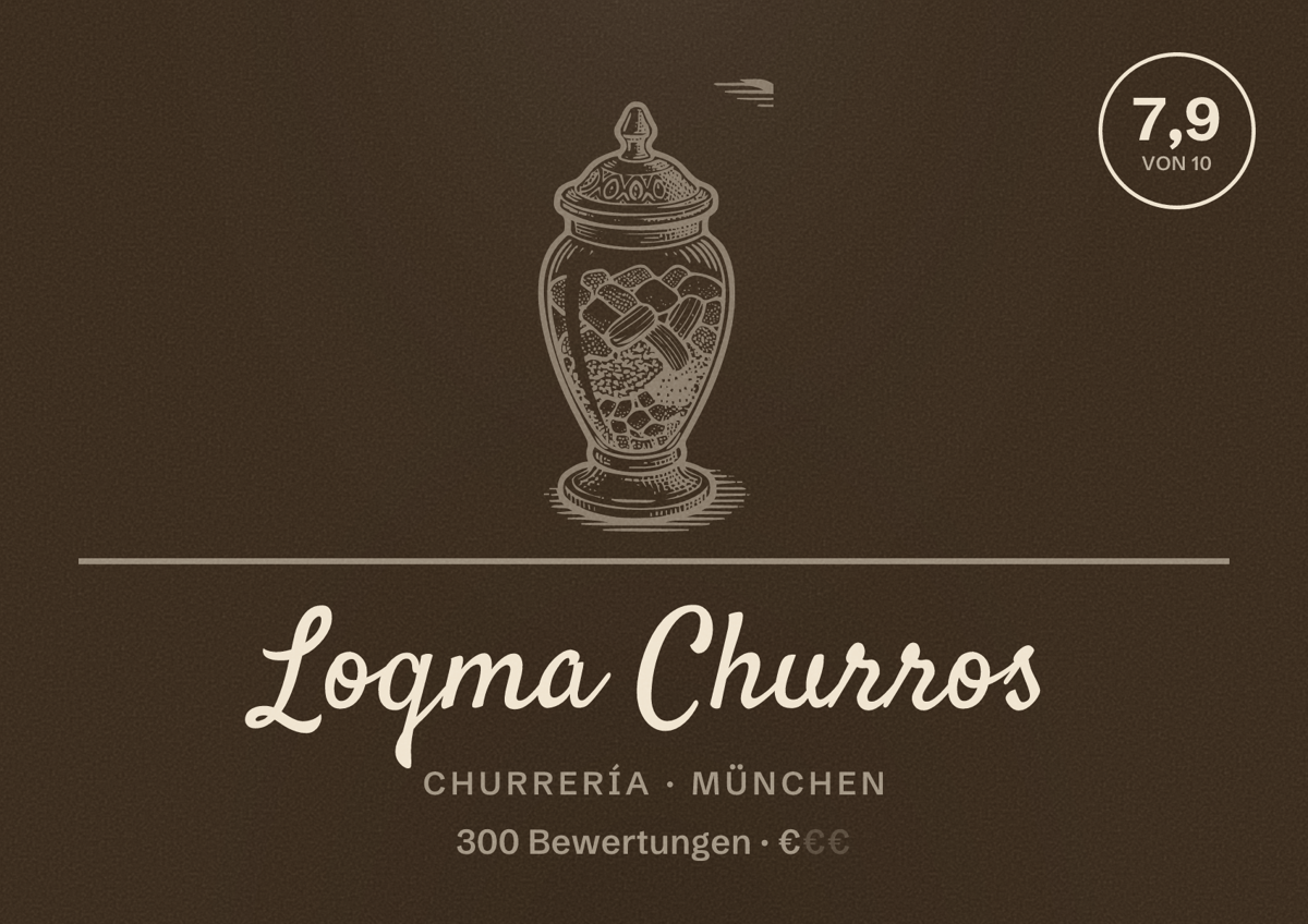Illustriertes Poster von Loqma Churros, Churrería in München: Bewertung 7,9 von 10 aus 300 Bewertungen, Preisniveau €