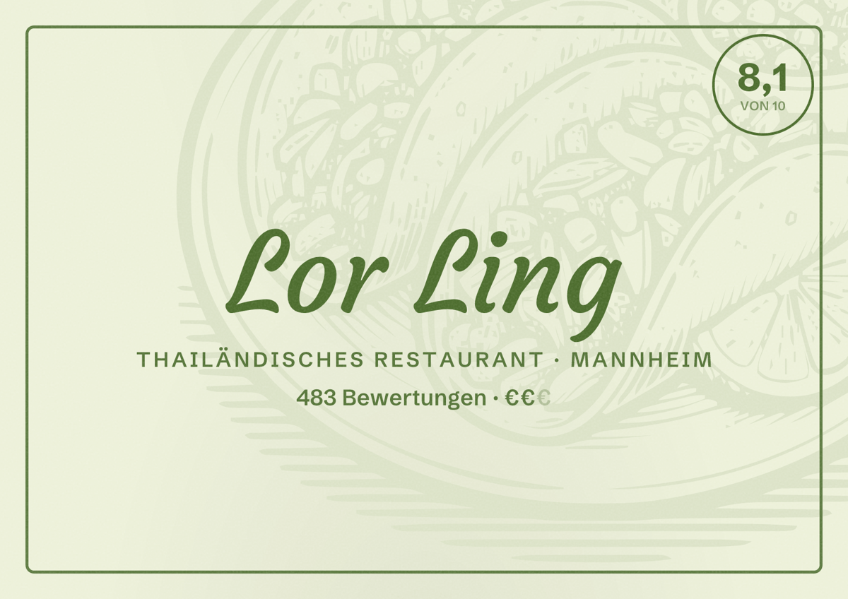 Illustriertes Poster von Lor Ling, Thailändisches Restaurant in Mannheim: Bewertung 8,1 von 10 aus 483 Bewertungen, Preisniveau €€