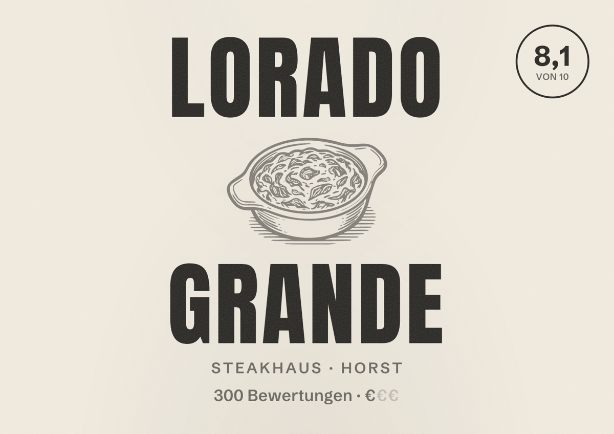 Illustriertes Poster von Lorado Grande, Steakhaus in Horst: Bewertung 8,1 von 10 aus 300 Bewertungen, Preisniveau €