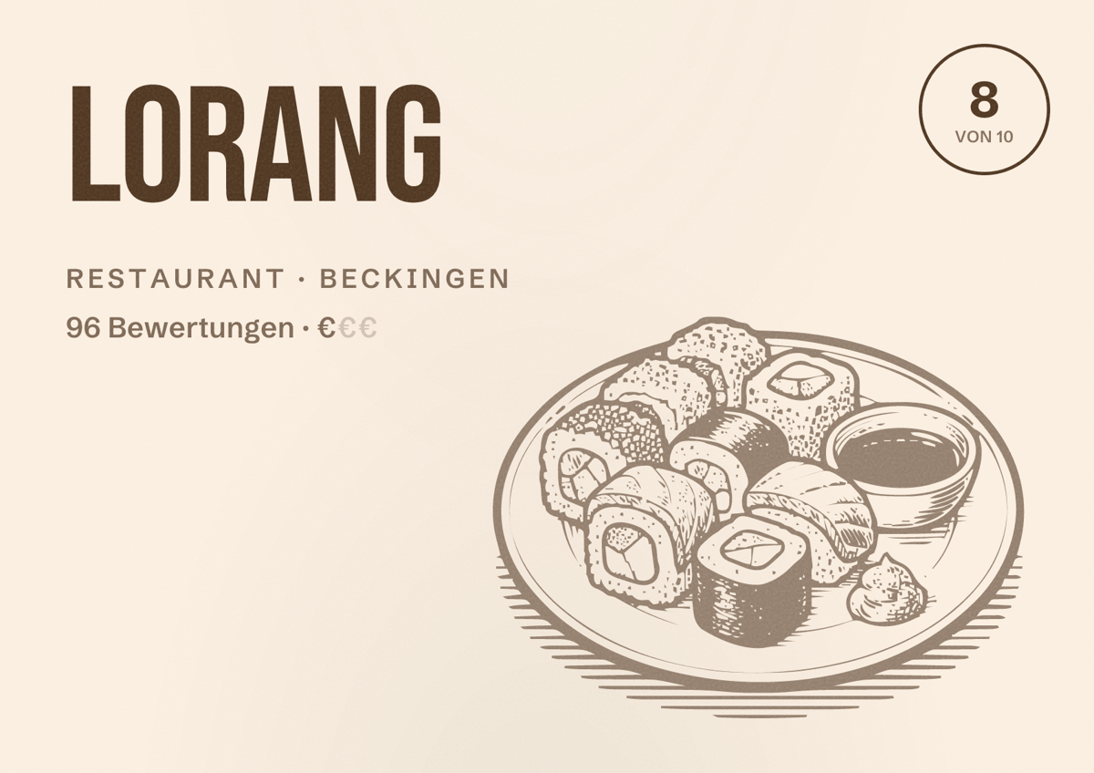 Illustriertes Poster von Lorang, Restaurant in Beckingen: Bewertung 8 von 10 aus 96 Bewertungen, Preisniveau €