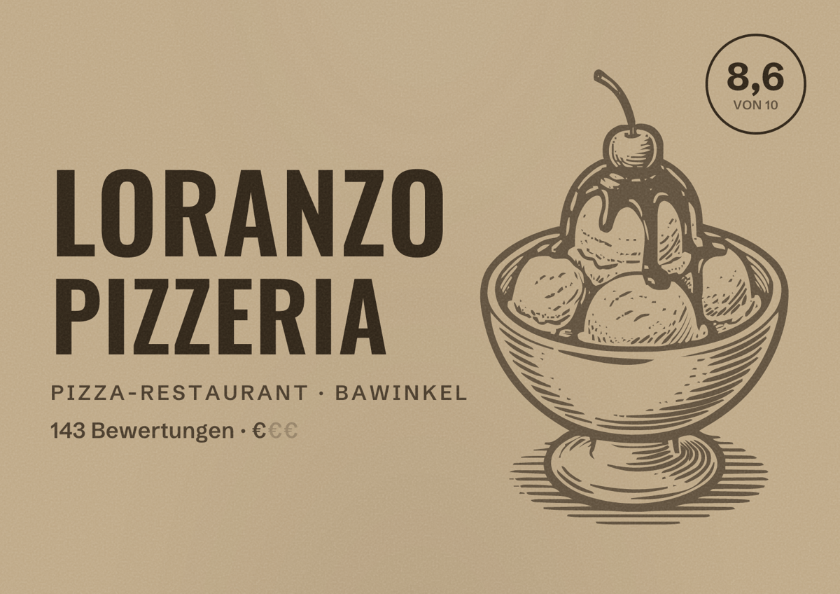 Illustriertes Poster von Loranzo Pizzeria, Pizza-Restaurant in Bawinkel: Bewertung 8,6 von 10 aus 143 Bewertungen, Preisniveau €