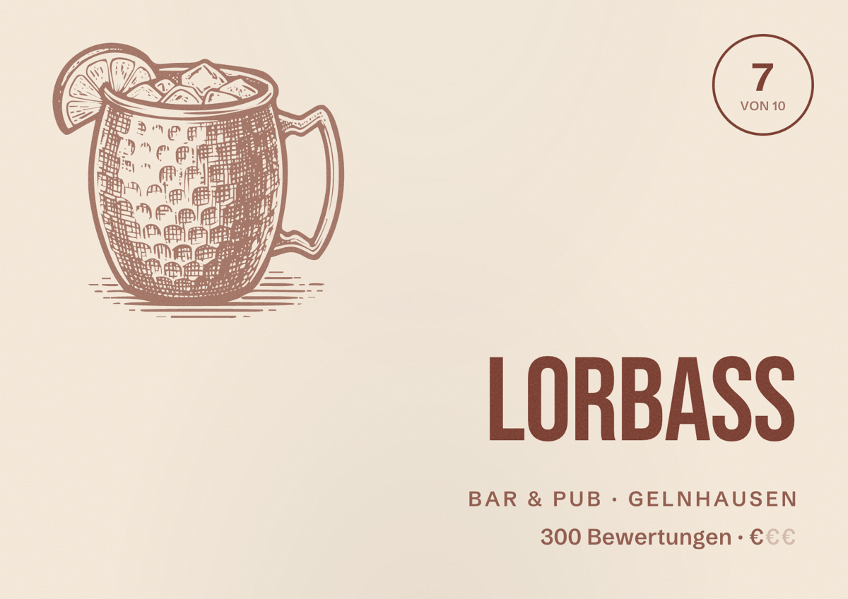 Illustriertes Poster von Lorbass, Bar & Pub in Gelnhausen: Bewertung 7 von 10 aus 300 Bewertungen, Preisniveau €